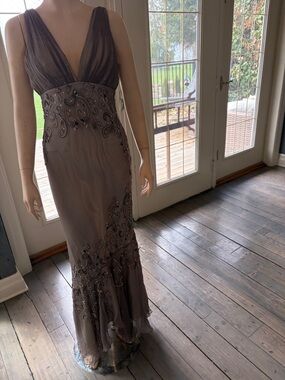 Scala Taupe Beaded V-Neck Maxi Dress